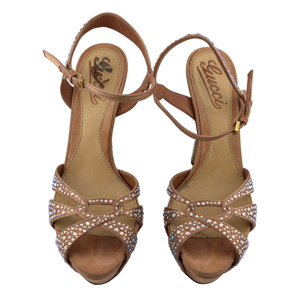Gucci Beige Embellished Open Toe Heel, 34.5