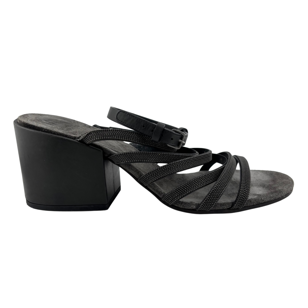 Brunello Cucinelli Grey Suede Caviar Strap Heel Sandals, 39.5