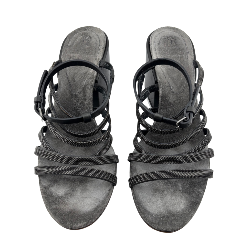 Brunello Cucinelli Grey Suede Caviar Strap Heel Sandals, 39.5