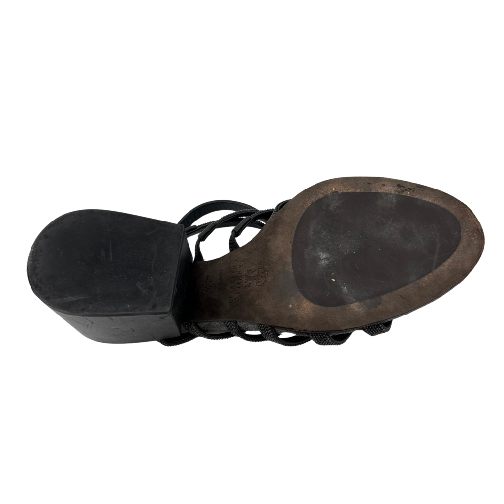 Brunello Cucinelli Grey Suede Caviar Strap Heel Sandals, 39.5