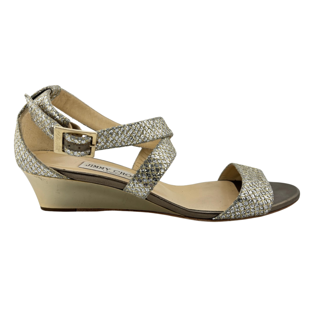 Jimmy Choo Gold Glitter Wedge Sandal, 39
