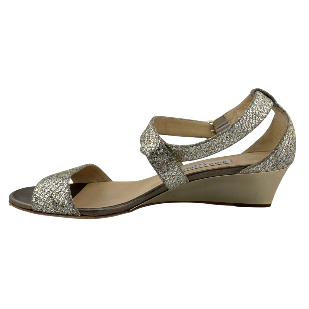 Jimmy Choo Gold Glitter Wedge Sandal, 39