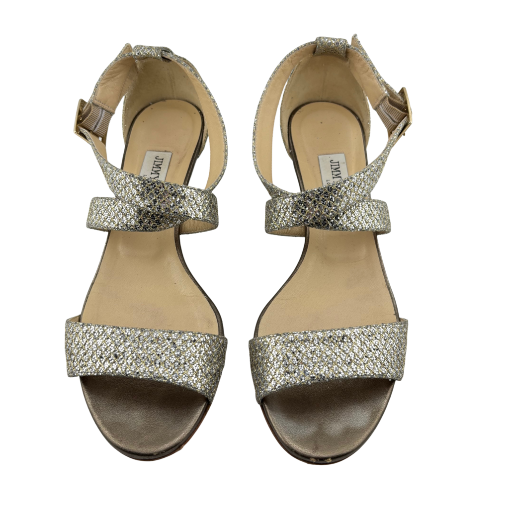 Jimmy Choo Gold Glitter Wedge Sandal, 39
