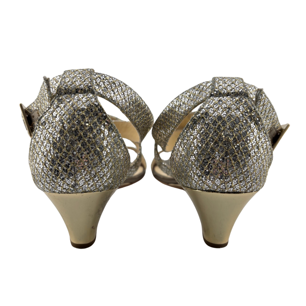 Jimmy Choo Gold Glitter Wedge Sandal, 39
