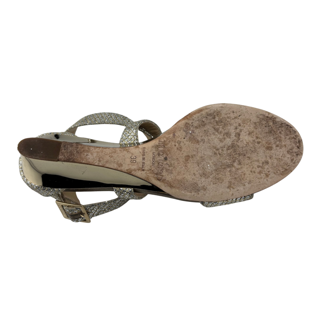 Jimmy Choo Gold Glitter Wedge Sandal, 39