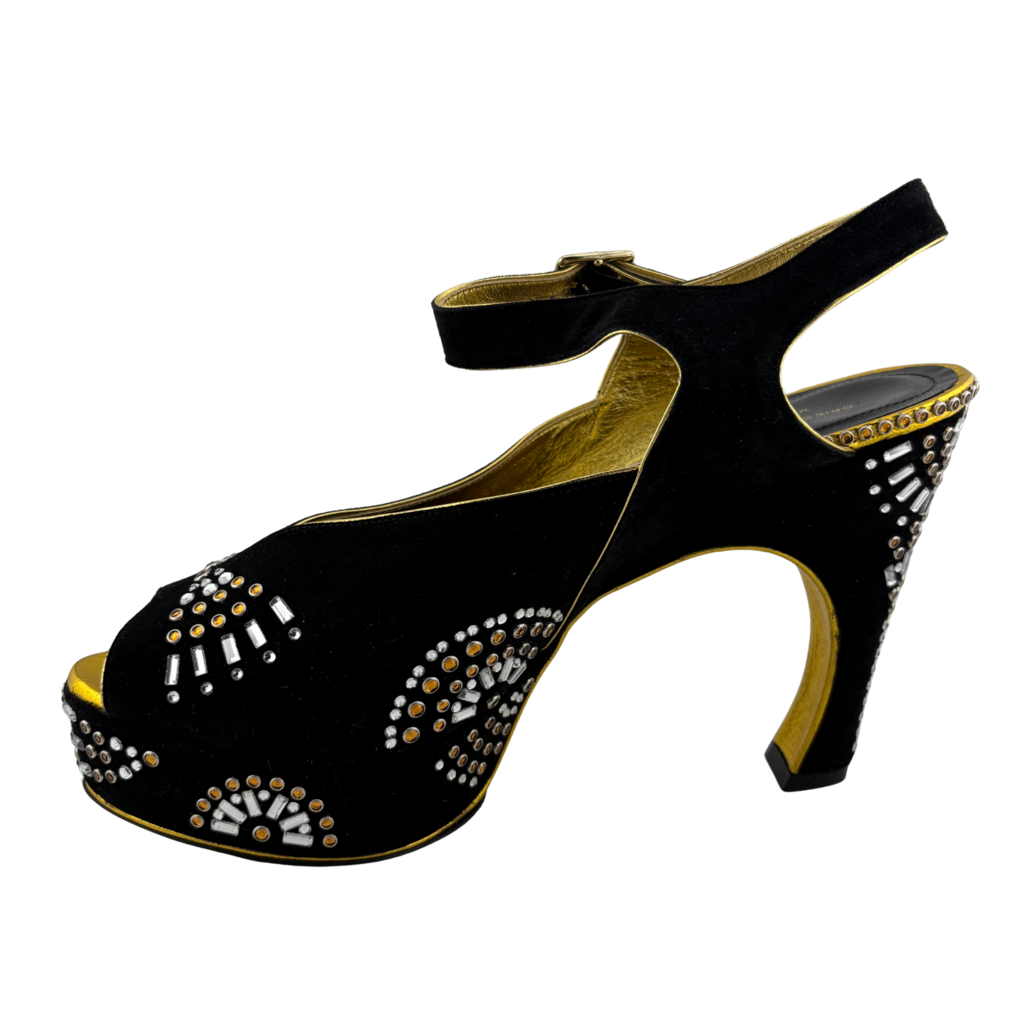 Dries Van Noten Suede Embellished Peep Toe Platform Heel, 39.5