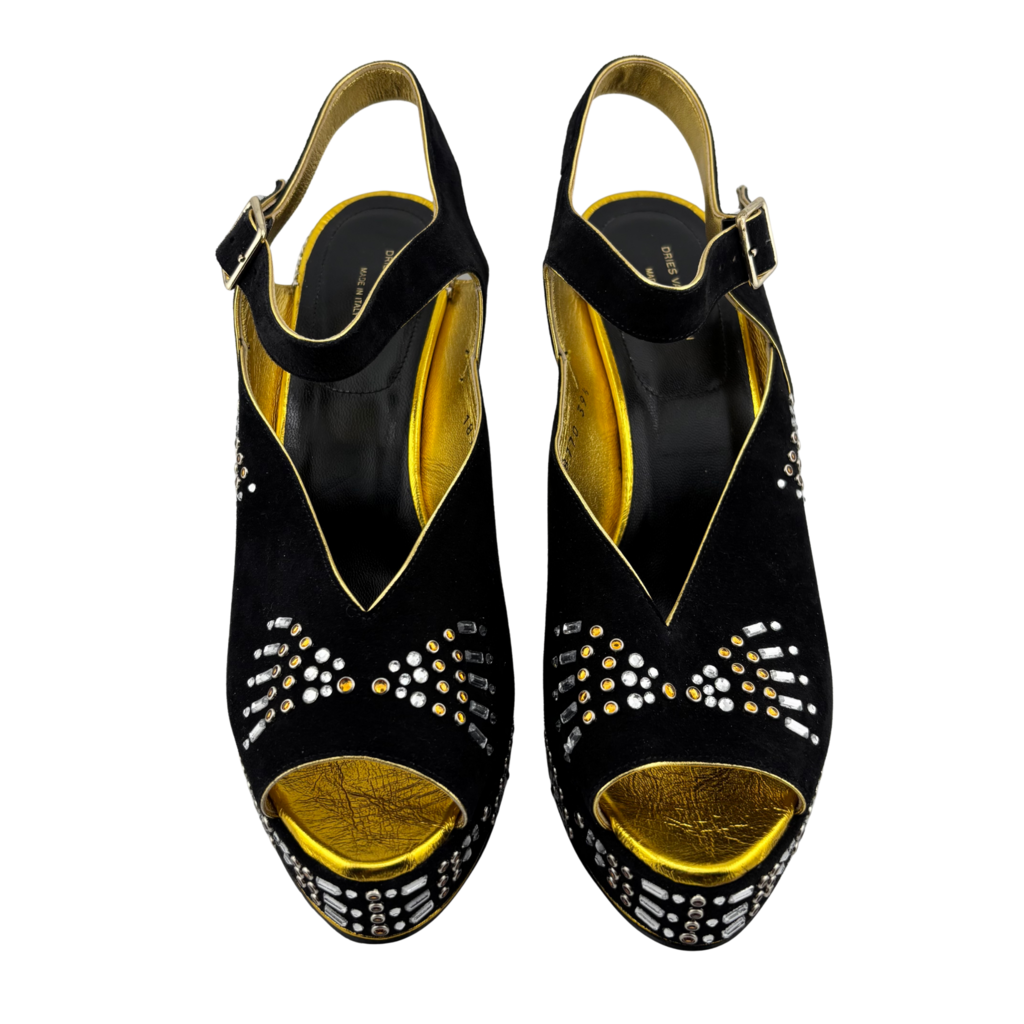 Dries Van Noten Suede Embellished Peep Toe Platform Heel, 39.5