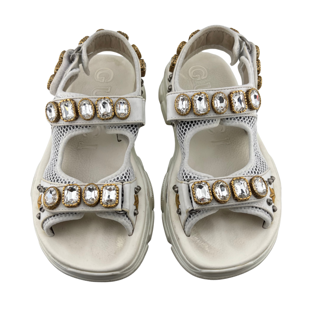 Gucci White Mesh Embellished Sandals, 39.5