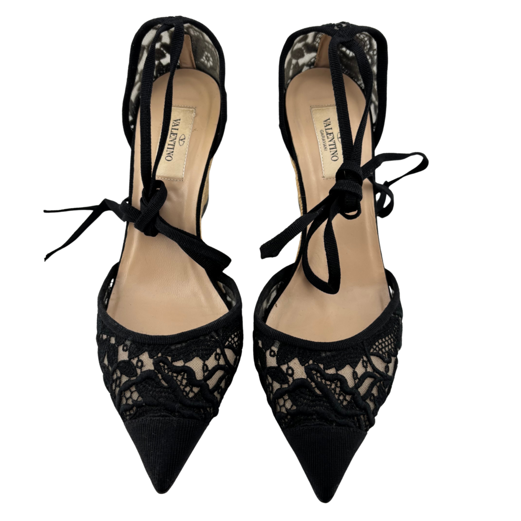 Valentino Black Lace Espadrille Wedge Heels, 39