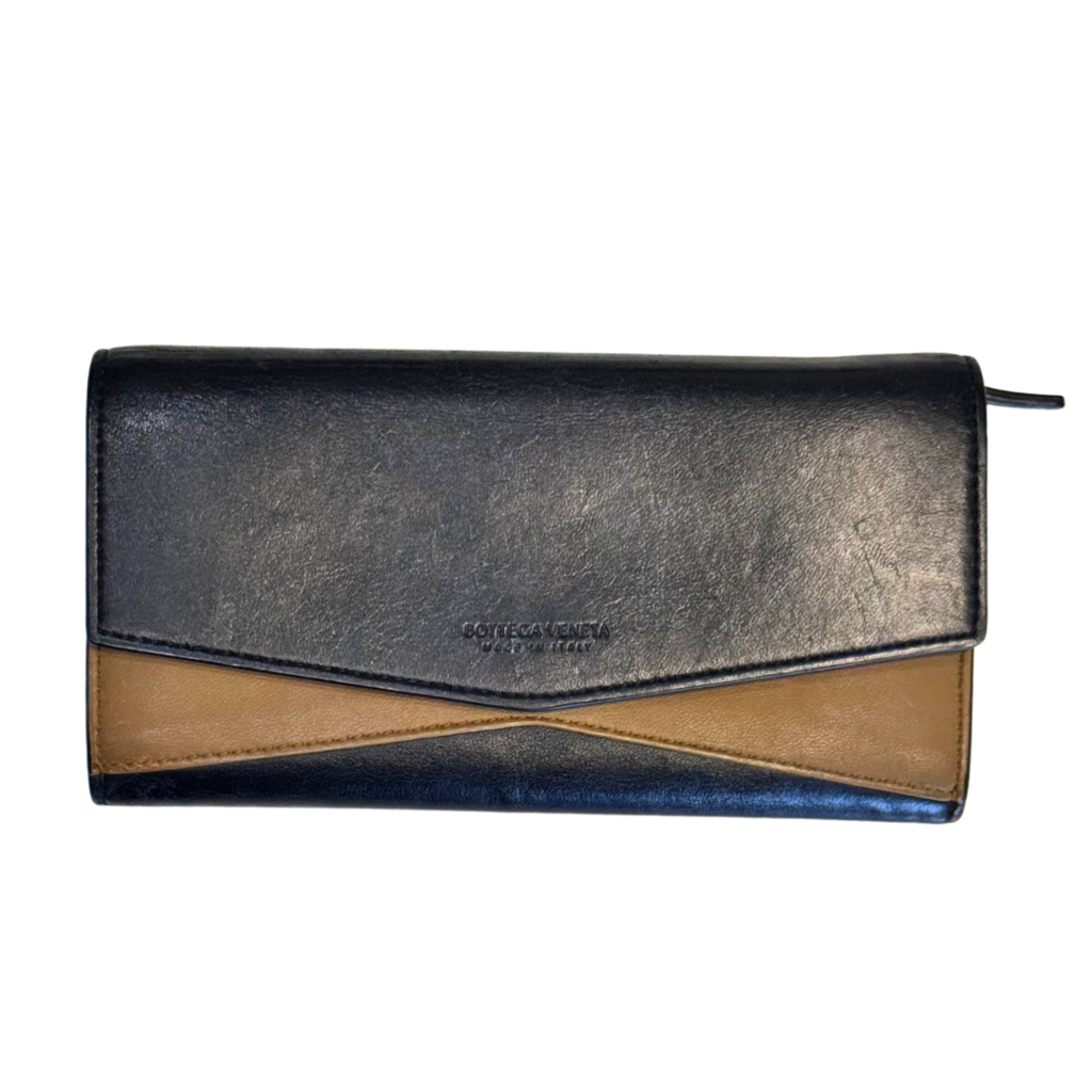 Bottega Veneta Black & Tan Leather Long Wallet