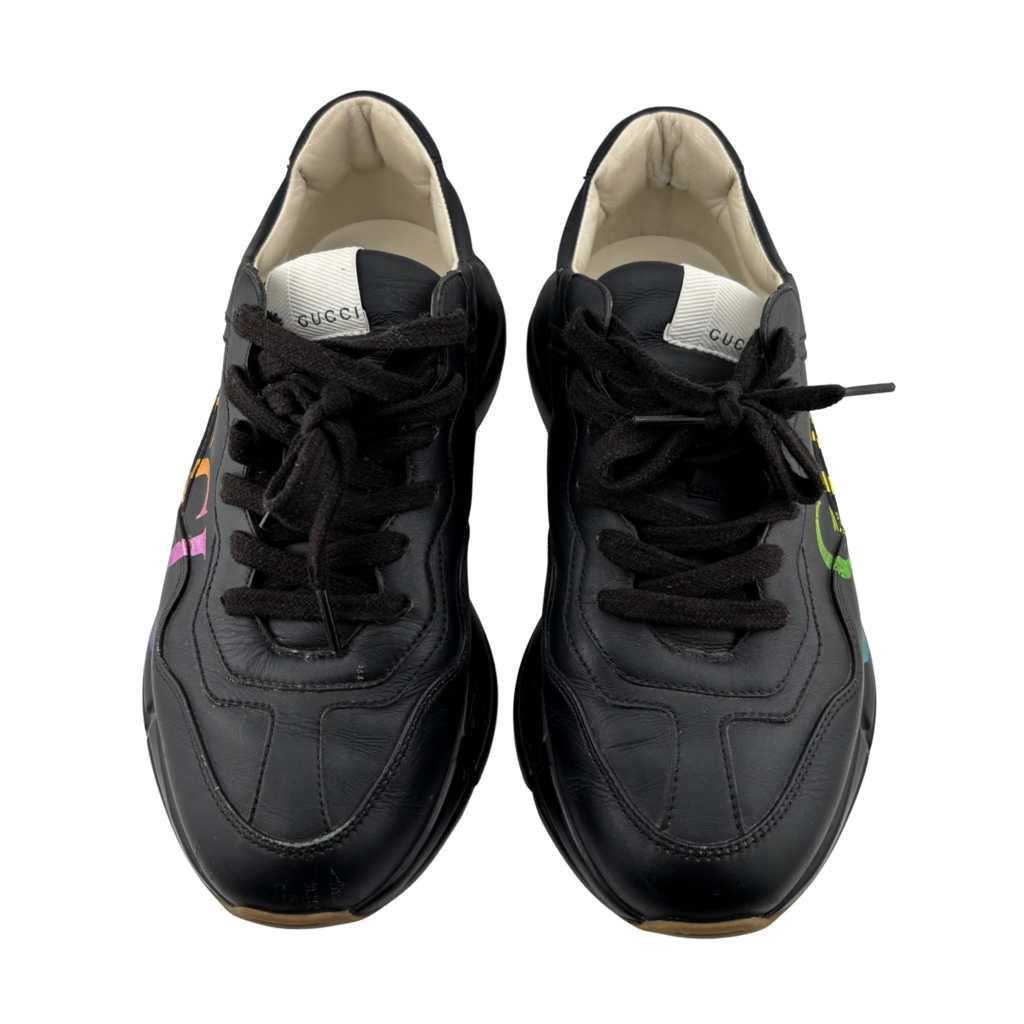Gucci Black Leather Rainbow Logo Sneaker, 39.5