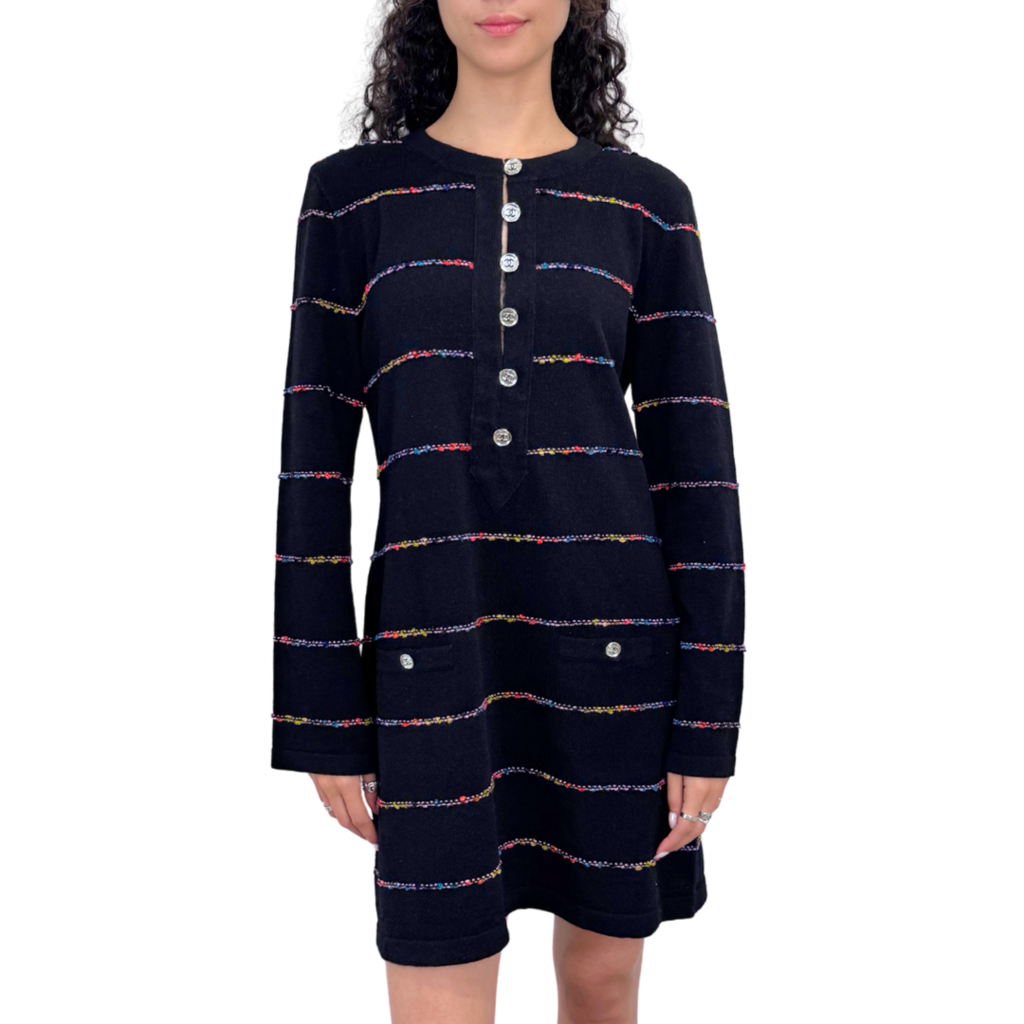 Chanel Black Cashmere Rainbow Striped Dress, 40