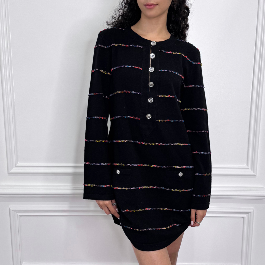 Chanel Black Cashmere Rainbow Striped Dress, 40