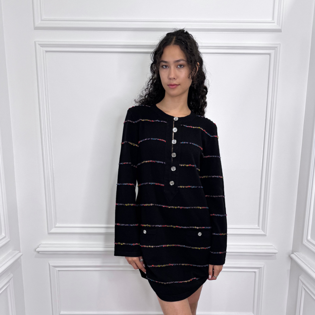 Chanel Black Cashmere Rainbow Striped Dress, 40