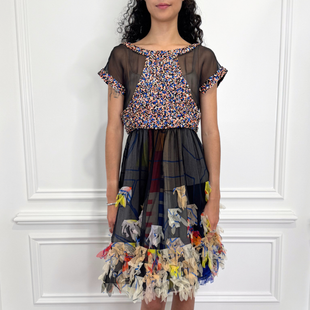Chanel Black Silk Multicolor Ruffle Sequin Dress, 38