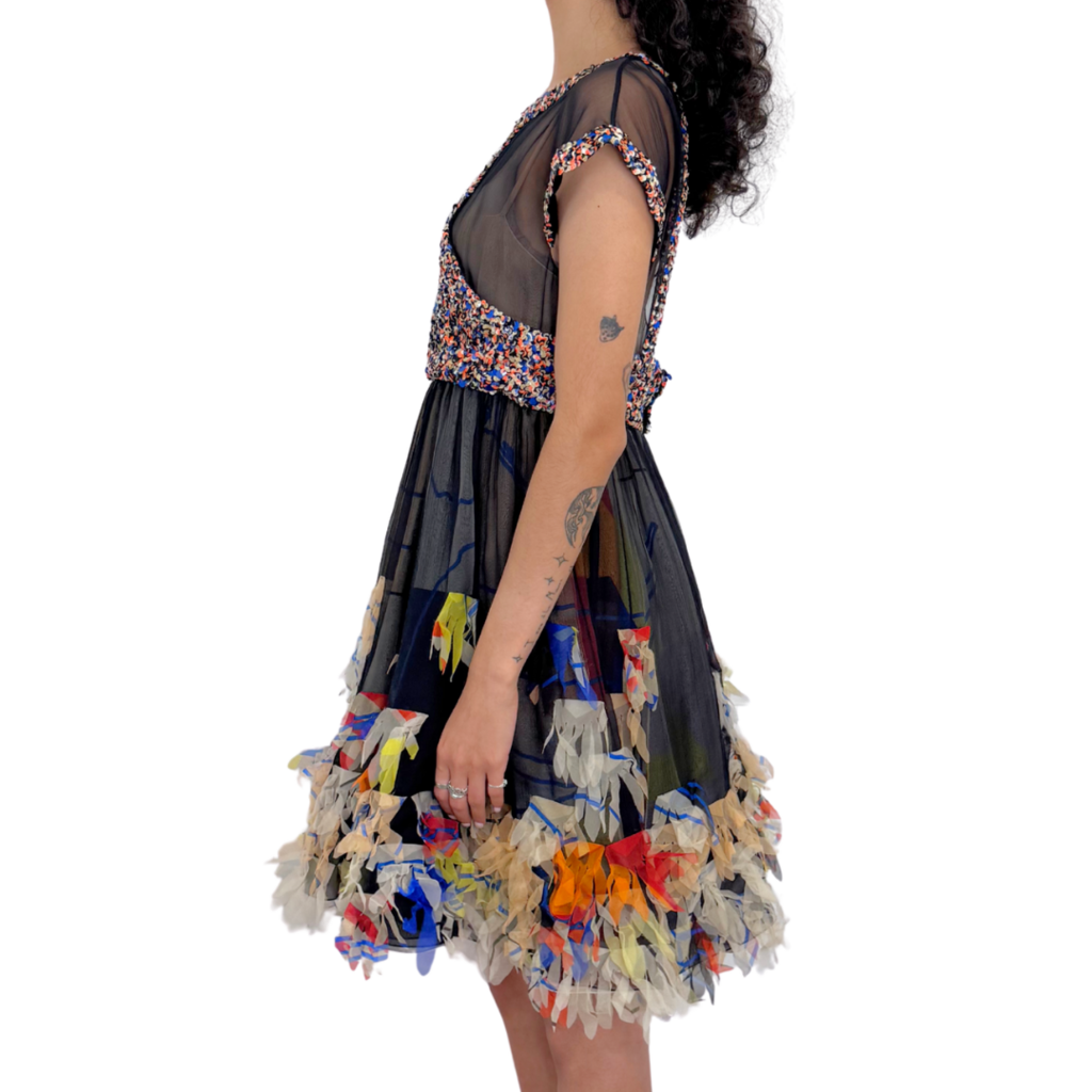 Chanel Black Silk Multicolor Ruffle Sequin Dress, 38