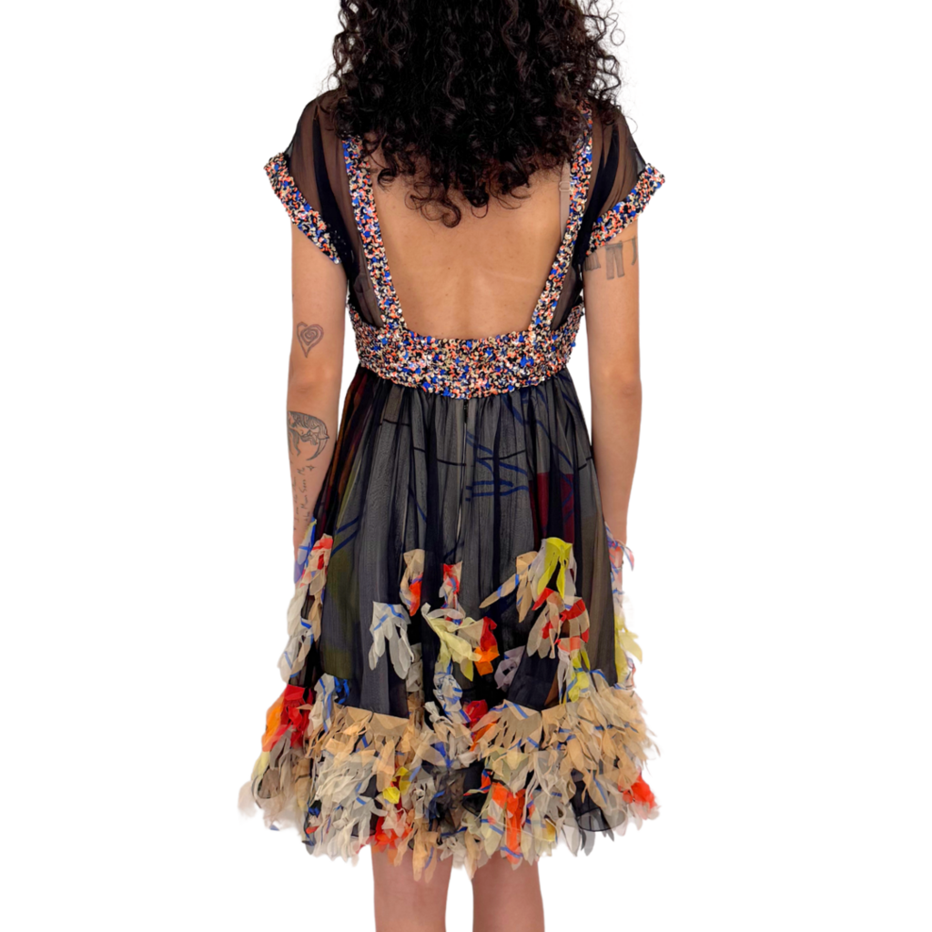 Chanel Black Silk Multicolor Ruffle Sequin Dress, 38