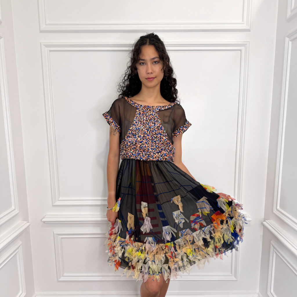 Chanel Black Silk Multicolor Ruffle Sequin Dress, 38