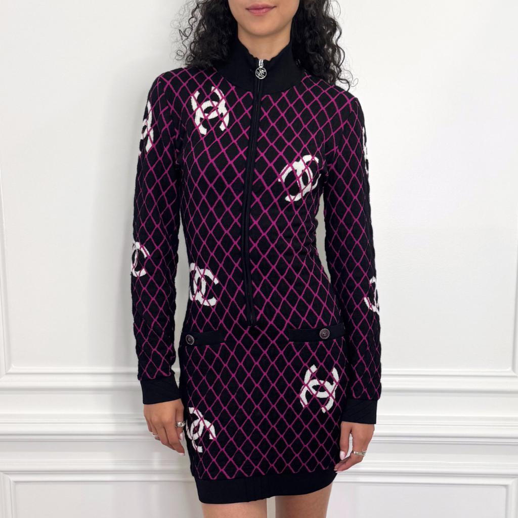 Chanel Black & Purple CC Knit Zip Ski Dress (2019), 38