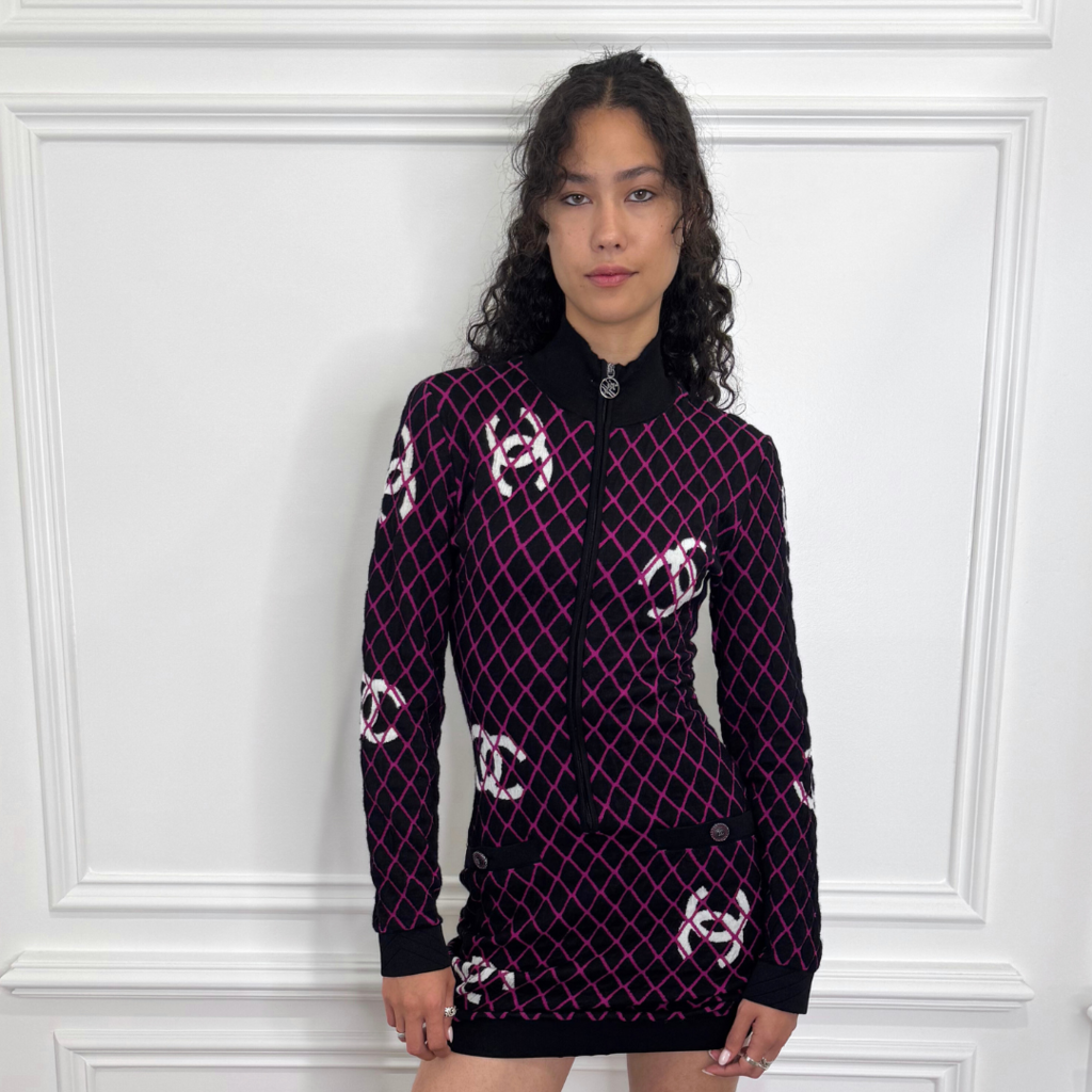 Chanel Black & Purple CC Knit Zip Ski Dress (2019), 38