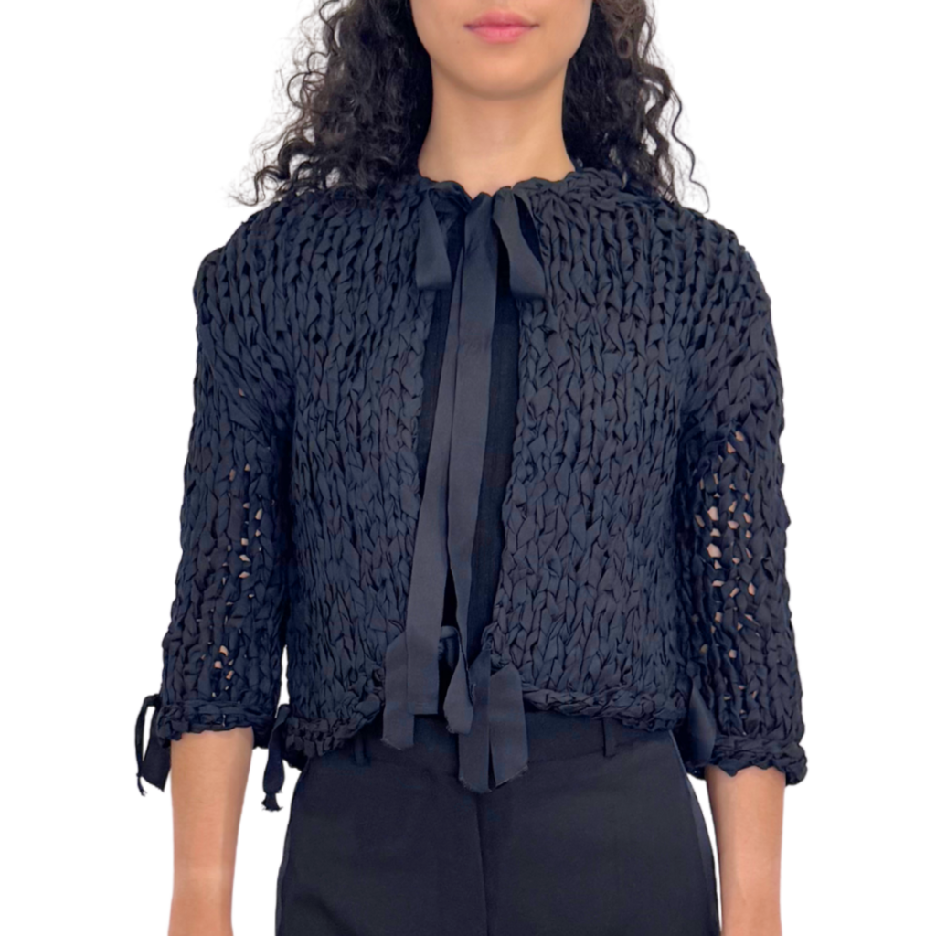 Prada Black Silk Handmade Cropped Crochet Cardigan, 36 (NWT)