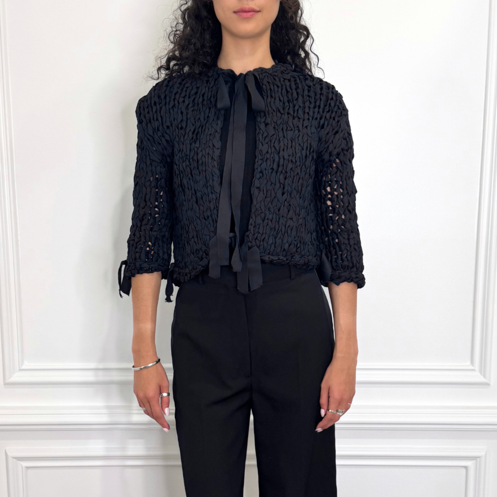 Prada Black Silk Handmade Cropped Crochet Cardigan, 36 (NWT)