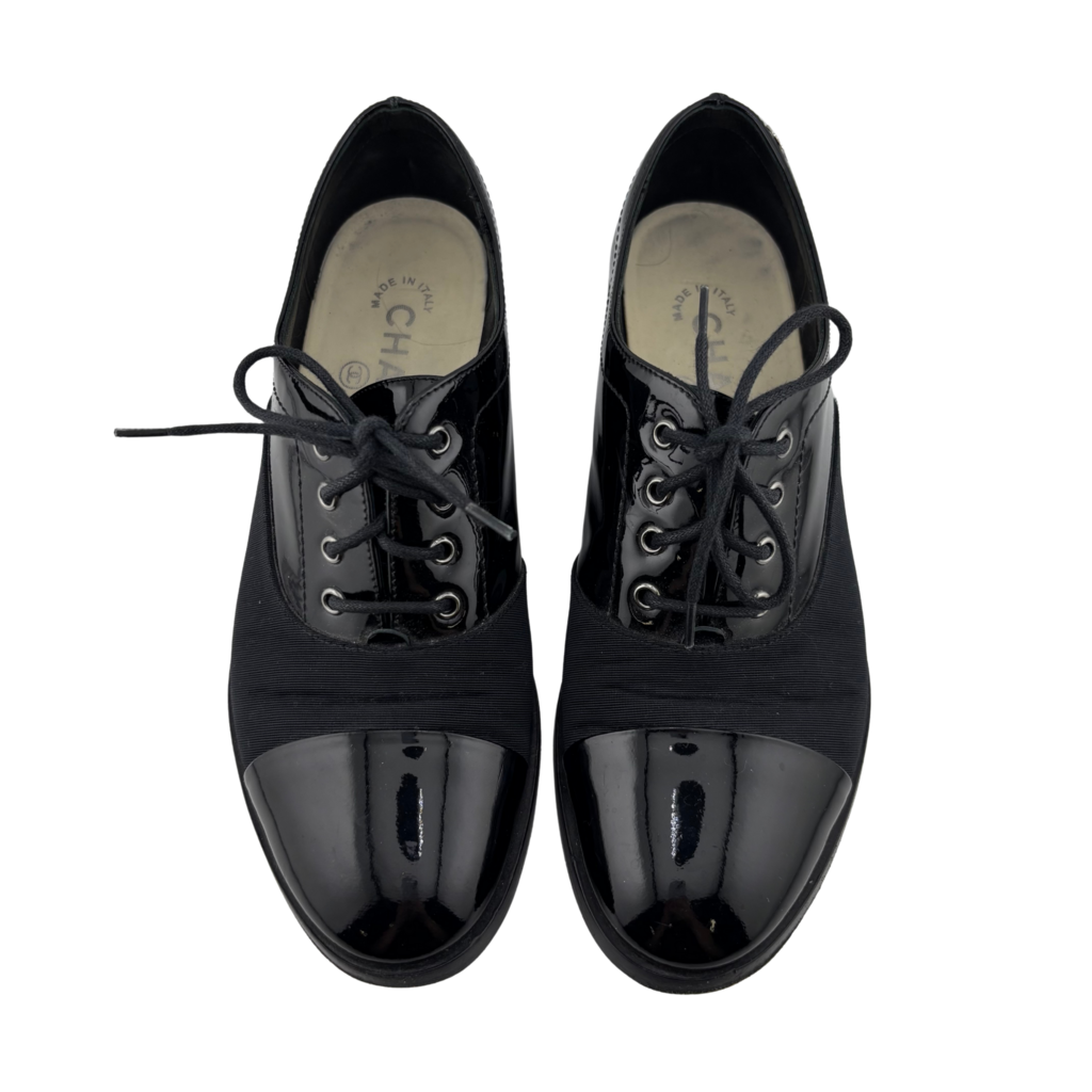 Chanel Black Patent Cap Toe Shoe, 35.5