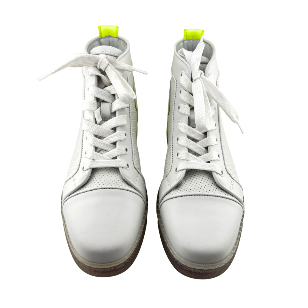 Christian Louboutin White Neon Yellow Accent High Top Sneakers, 38