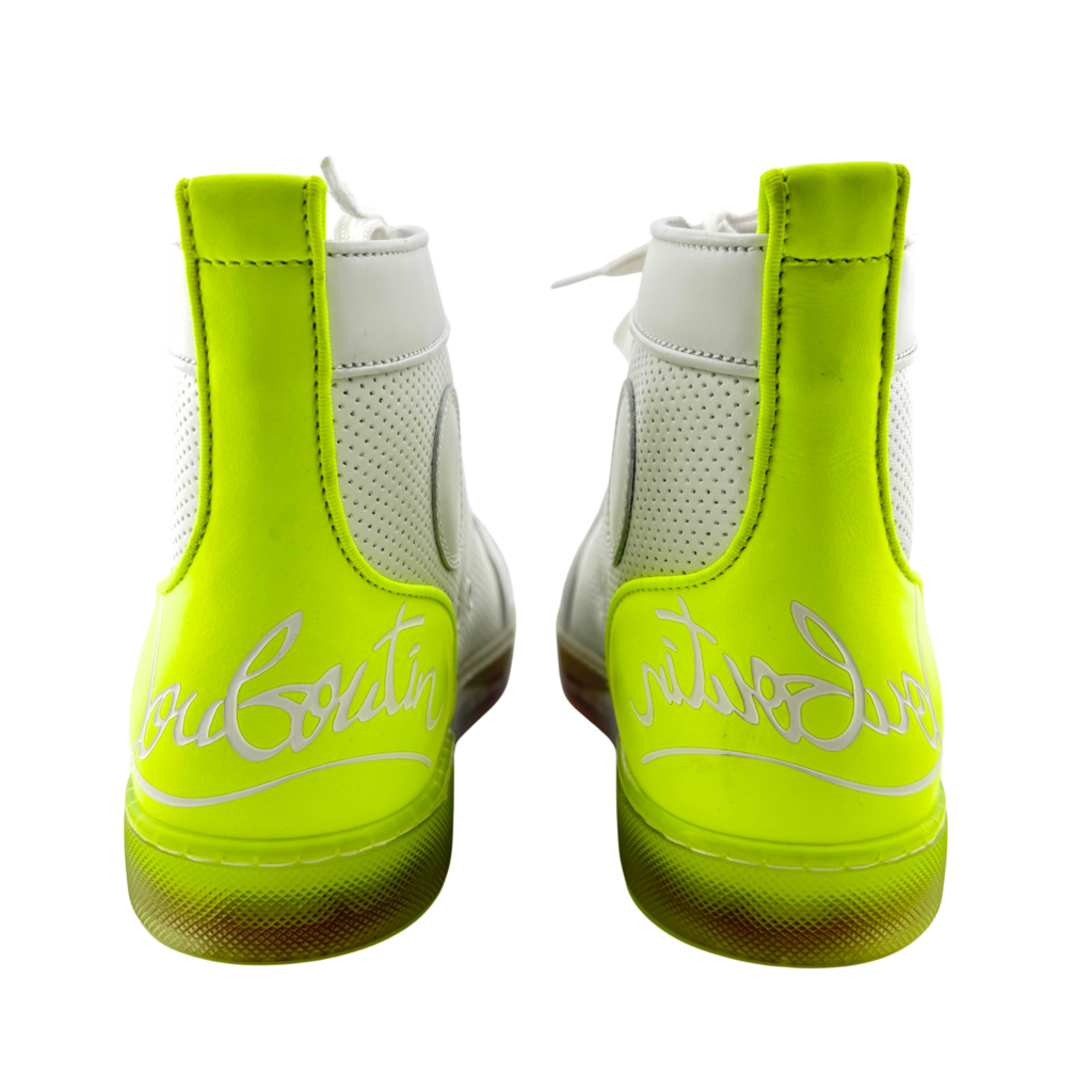 Christian Louboutin White Neon Yellow Accent High Top Sneakers, 38