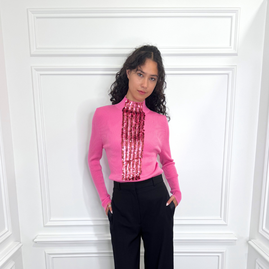 Delpozo Pink Ribbed Merino Wool Sequin Sweater, M (NWT)