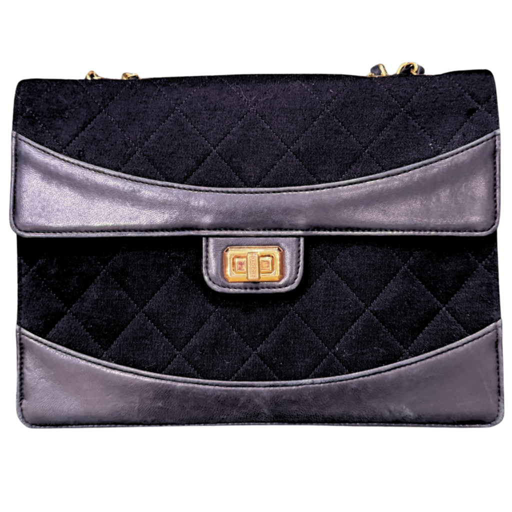 Chanel Black Leather Trim Quilted Canvas Flap Bag