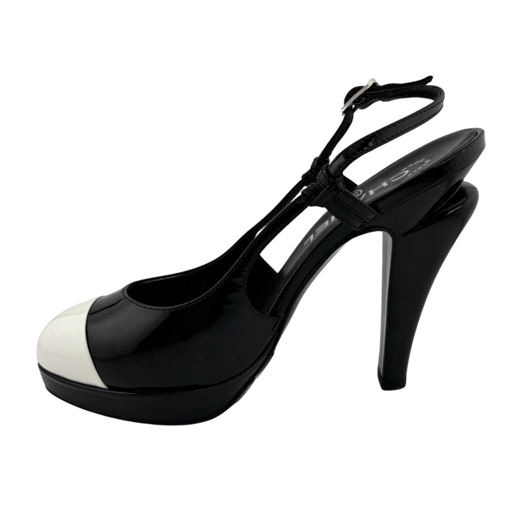 Chanel Black & White Cap Toe Patent Slingback Heel, 35