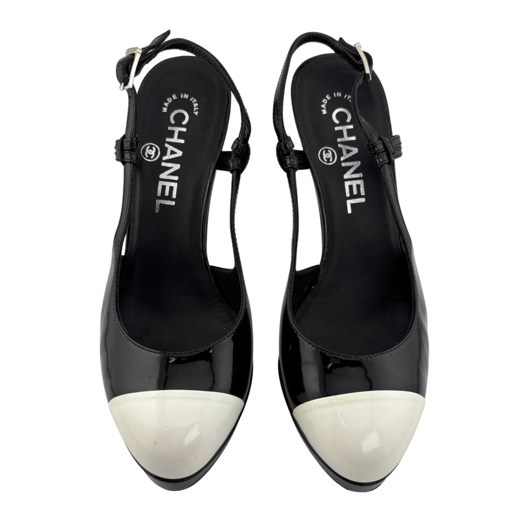 Chanel Black & White Cap Toe Patent Slingback Heel, 35