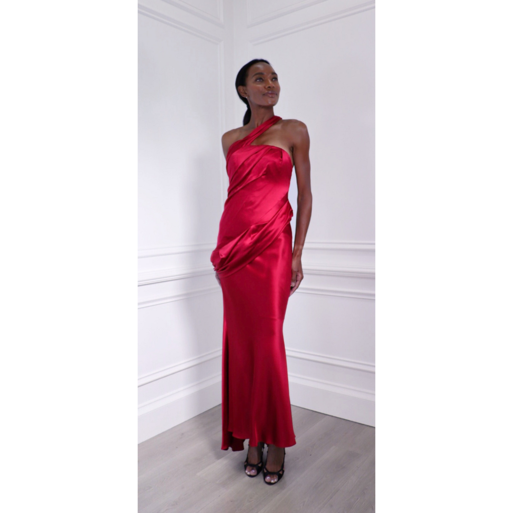 Oscar de la Renta Red Draped One Shoulder Gown, 0 (AS IS)