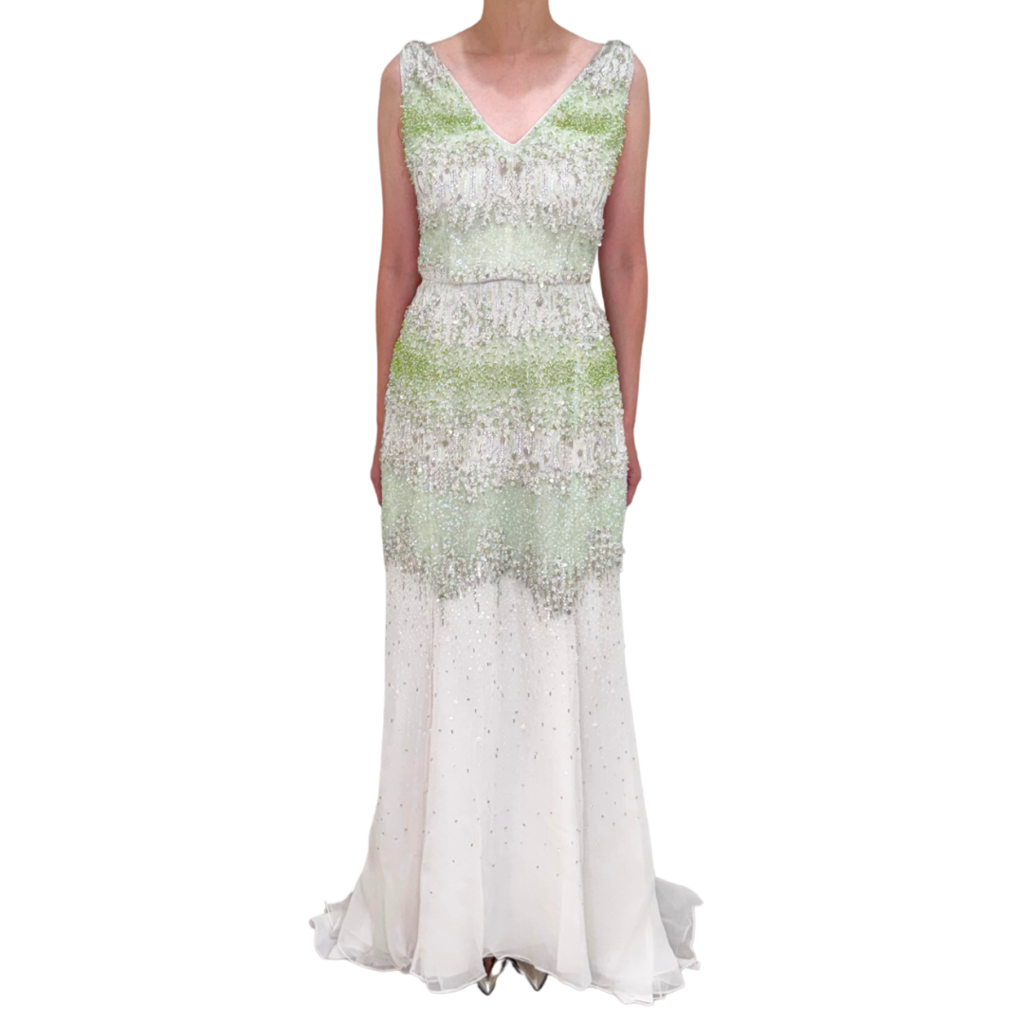 Dennis Basso Green & White Beaded Gown, 40