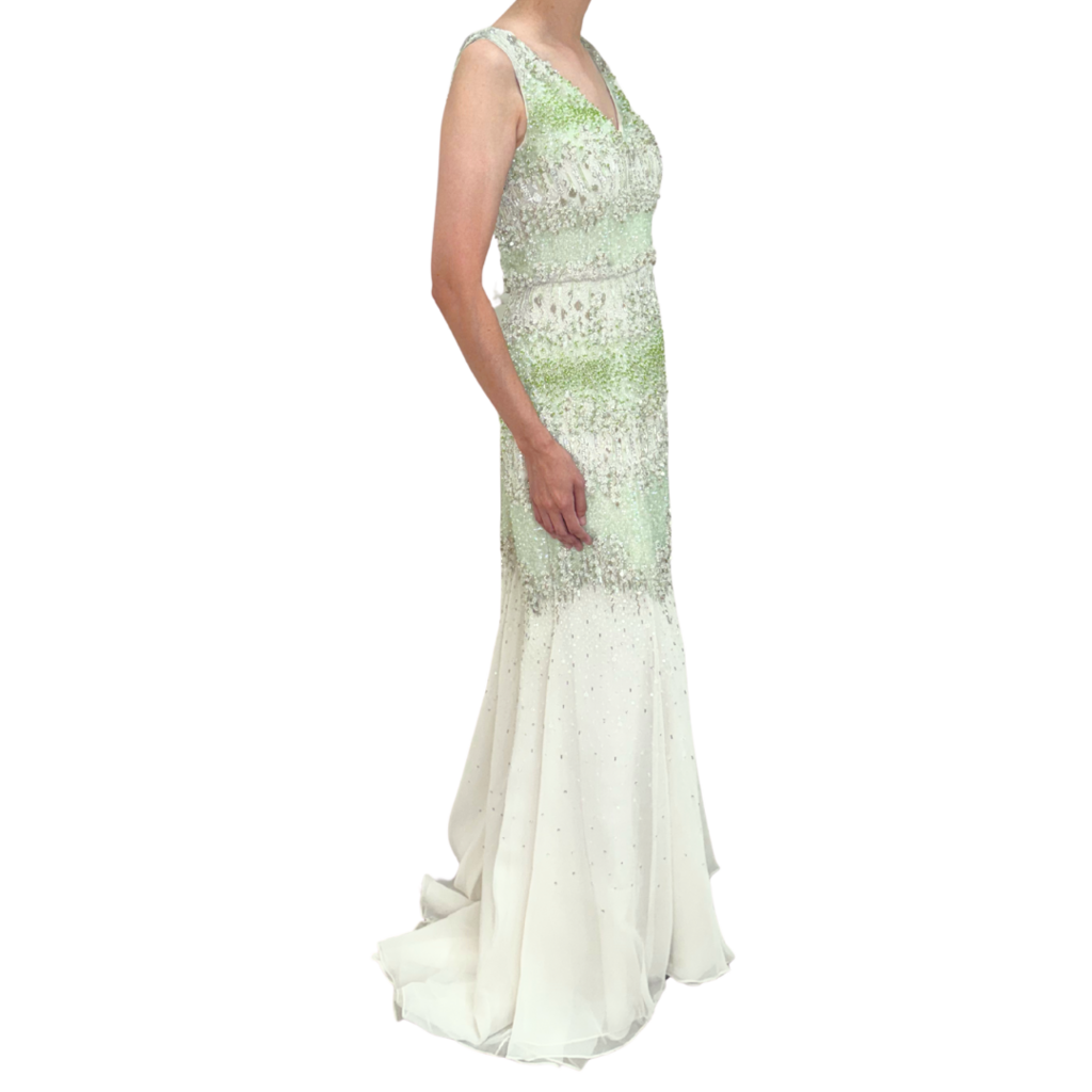 Dennis Basso Green & White Beaded Gown, 40