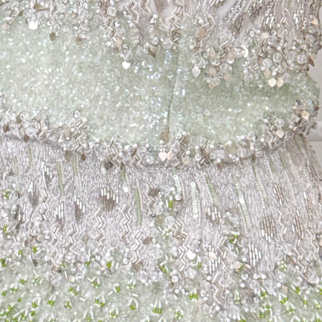 Dennis Basso Green & White Beaded Gown, 40