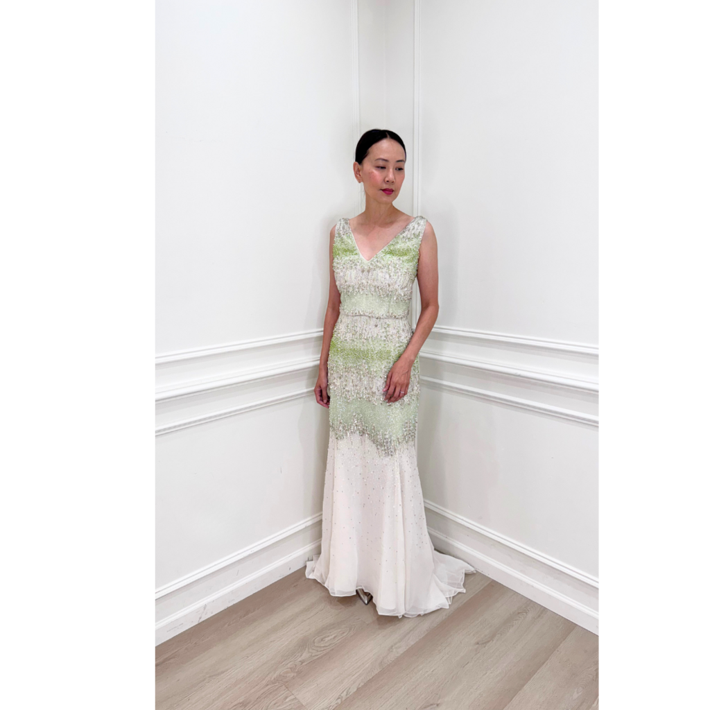 Dennis Basso Green & White Beaded Gown, 40