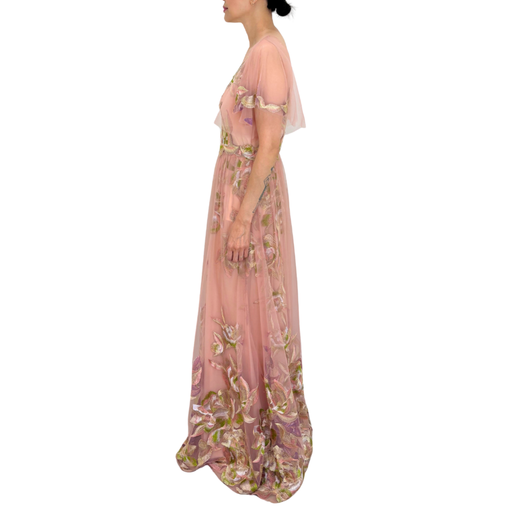 Marchesa Notte Pink Floral Applique Tulle Gown, 8 (NWT)