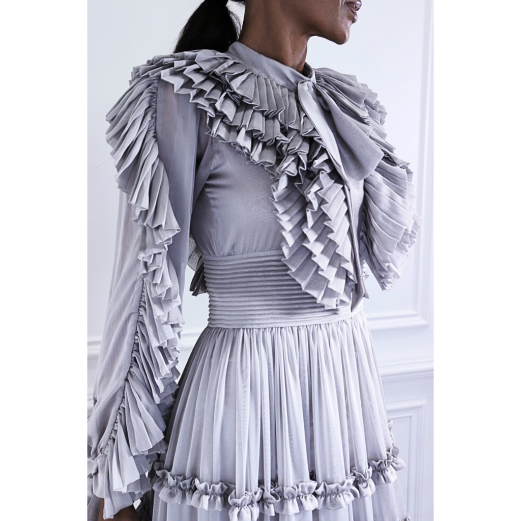 Carlos Pineda Silver Ruffle Tiered Gown, S