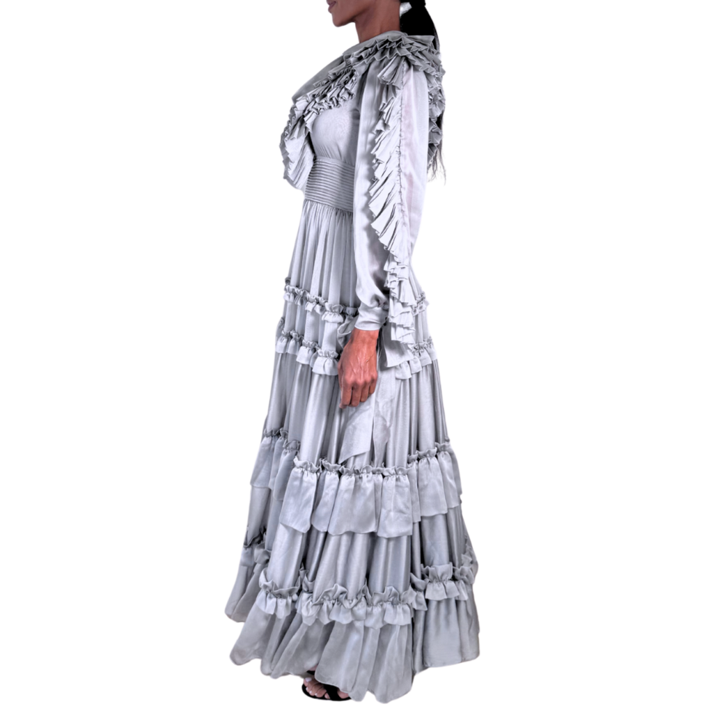 Carlos Pineda Silver Ruffle Tiered Gown, S