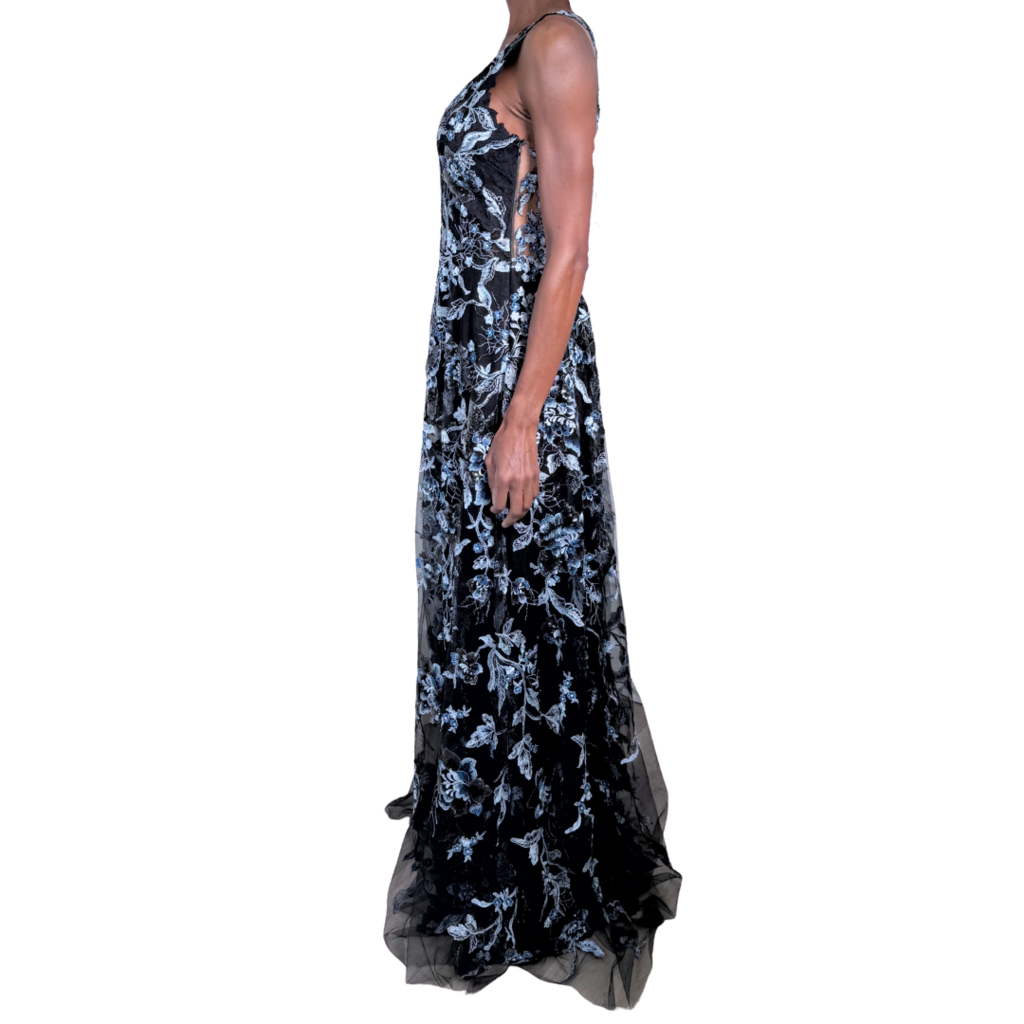 Olvis Blue & White Floral Applique Black Lace Gown, S (NWT)