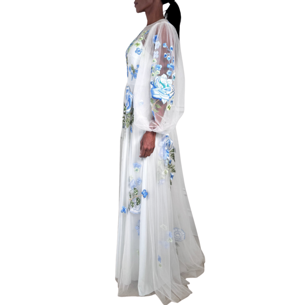 Monique Lhuillier Blue Floral Mesh Long Sleeve Gown, 4 (AS IS)