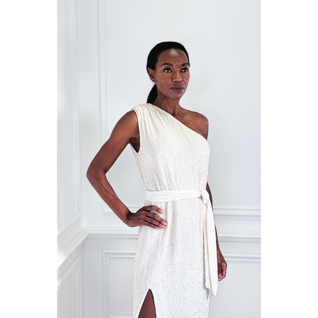 Retrofete White Crystal One Shoulder Dress, XS (NWT)