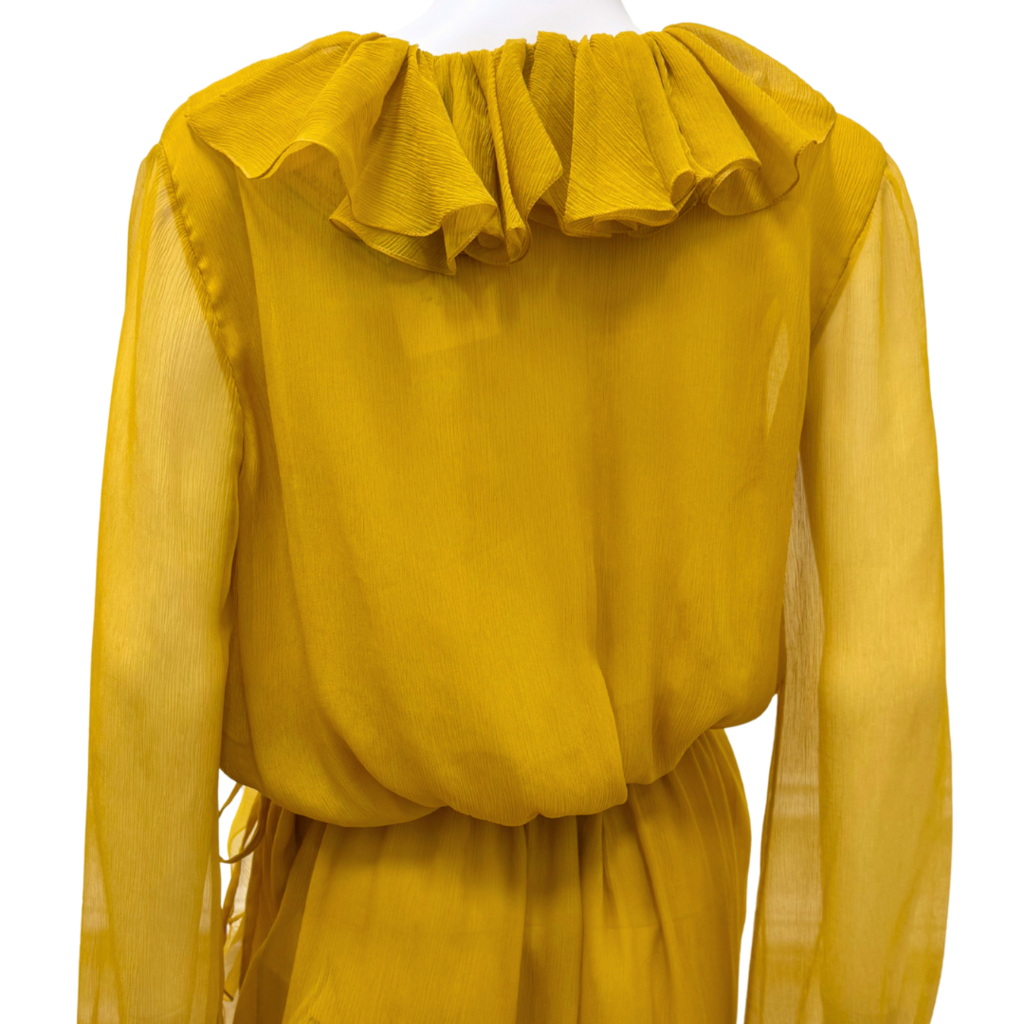 Saint Laurent Mustard Yellow Silk Ruffle Wrap Dress, 42