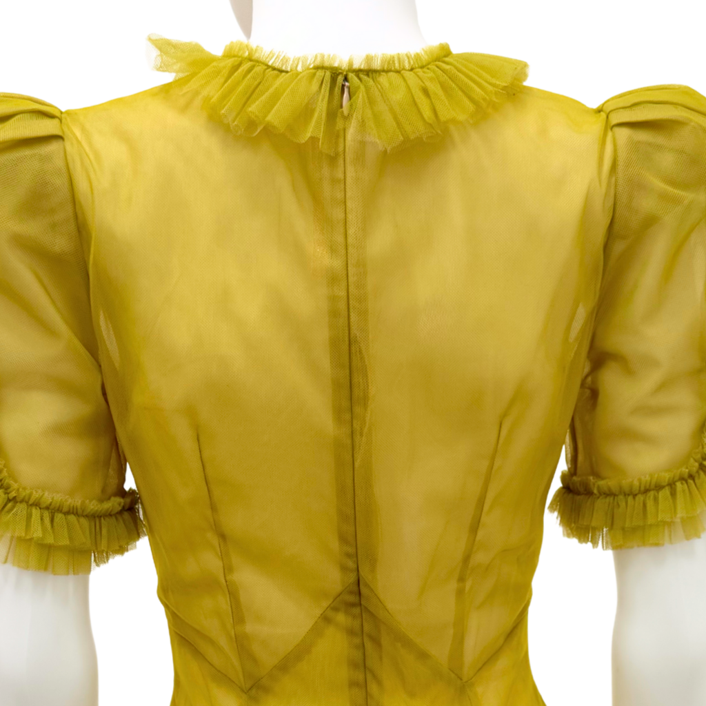 The Vampire's Wife Mustard Lace Ruffle Puff Sleeve Maxi Dress