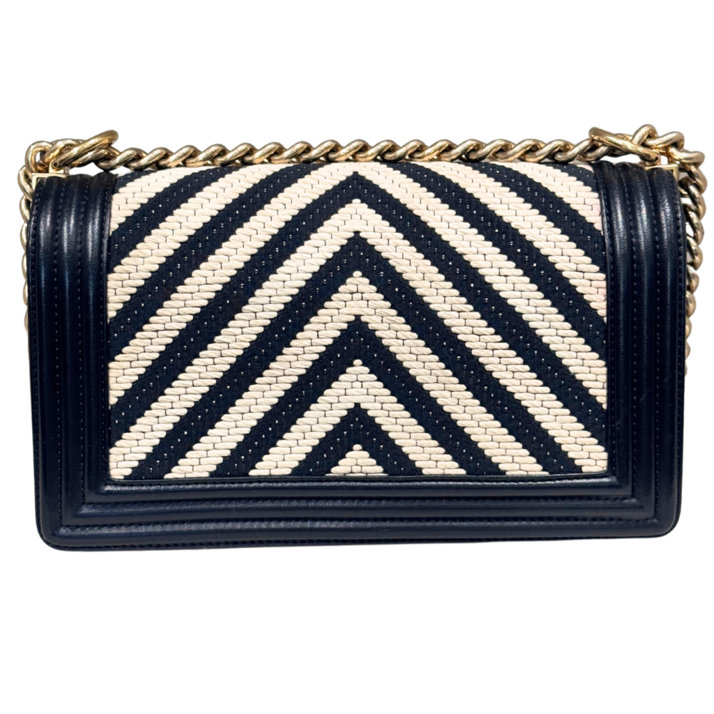 Chanel LeBoy Black & White Fabric Chevron Medium Bag