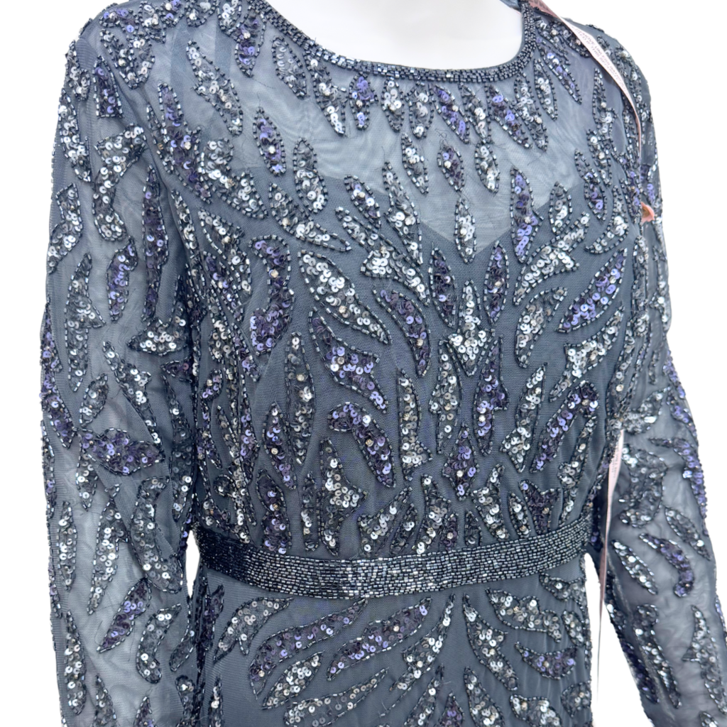 Mac Duggal Grey Mesh and Sequin Long Sleeve Gown, 12