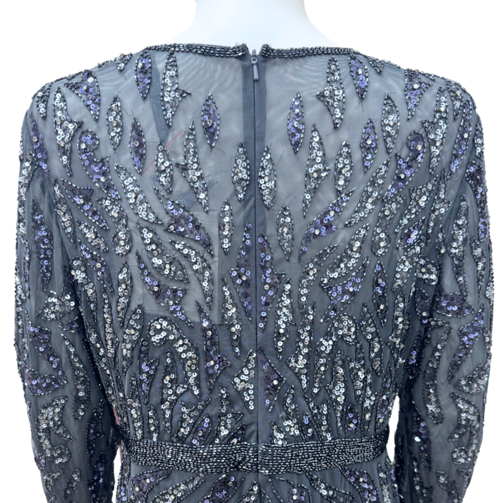 Mac Duggal Grey Mesh and Sequin Long Sleeve Gown, 12