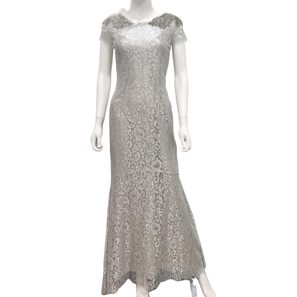 Marchesa Silver Lace Embellished Gown, 8